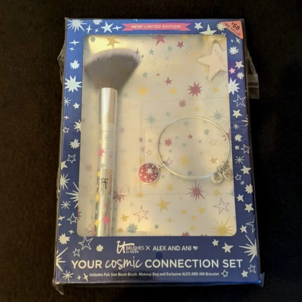 New Cosmic Connection Alex and Ani x IT Cosmetics Set - Bracelet & Brush & Bag